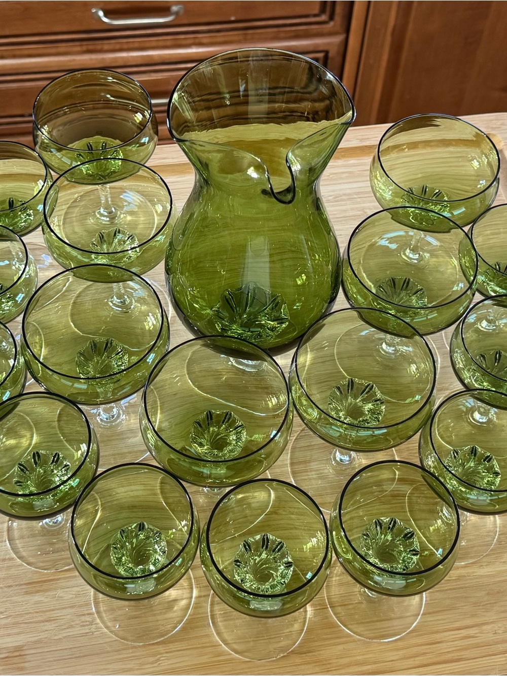 Green Glass Pitcher and Coupe Glasses Set - Elegant Olive Green Drinkware - Picture 2 of 6